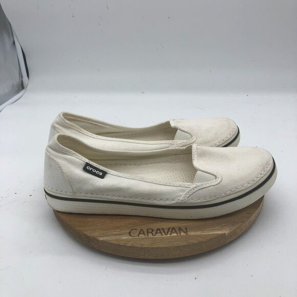 Crocs Walu Loafers Womens 9 White Canvas Flats Comfort Casual Slip On - Picture 1 of 9